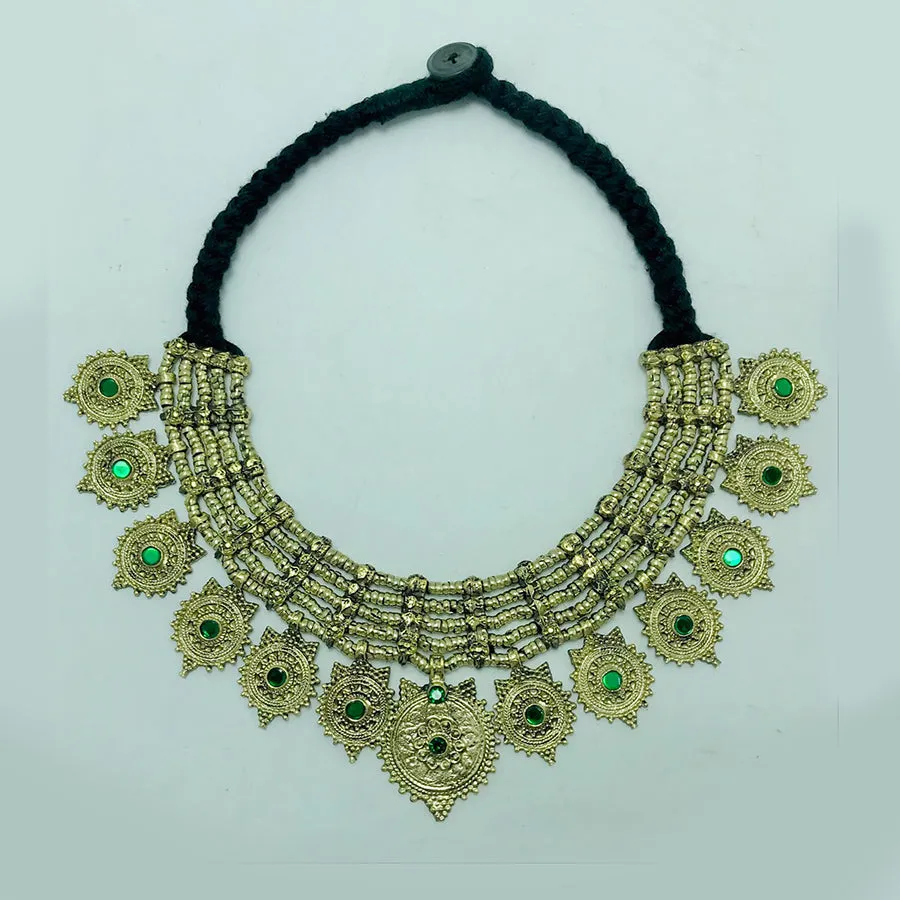 Vintage Multilayers Green Stones Coins Choker Necklace