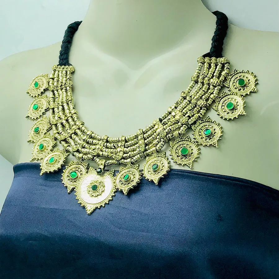 Vintage Multilayers Green Stones Coins Choker Necklace