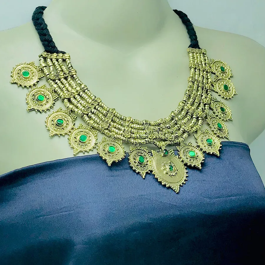 Vintage Multilayers Green Stones Coins Choker Necklace