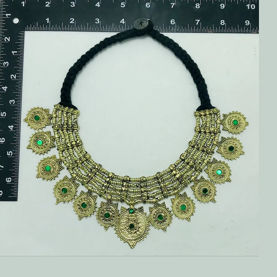 Vintage Multilayers Green Stones Coins Choker Necklace