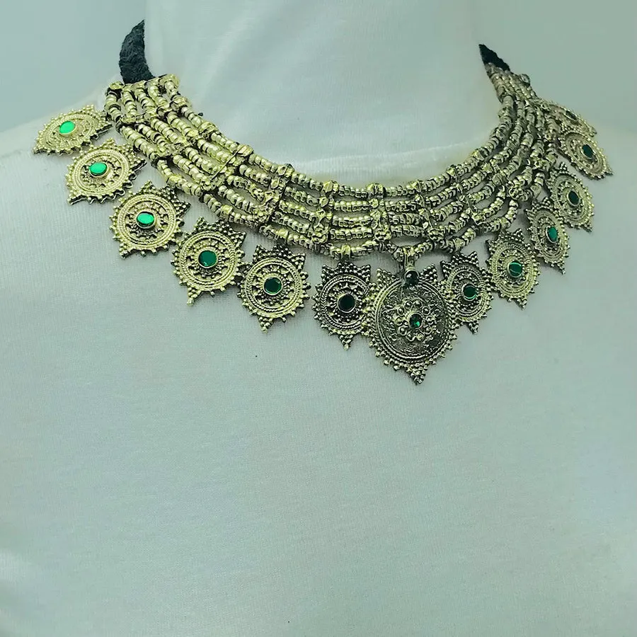 Vintage Multilayers Green Stones Coins Choker Necklace