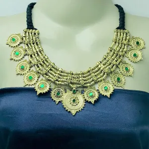 Vintage Multilayers Green Stones Coins Choker Necklace