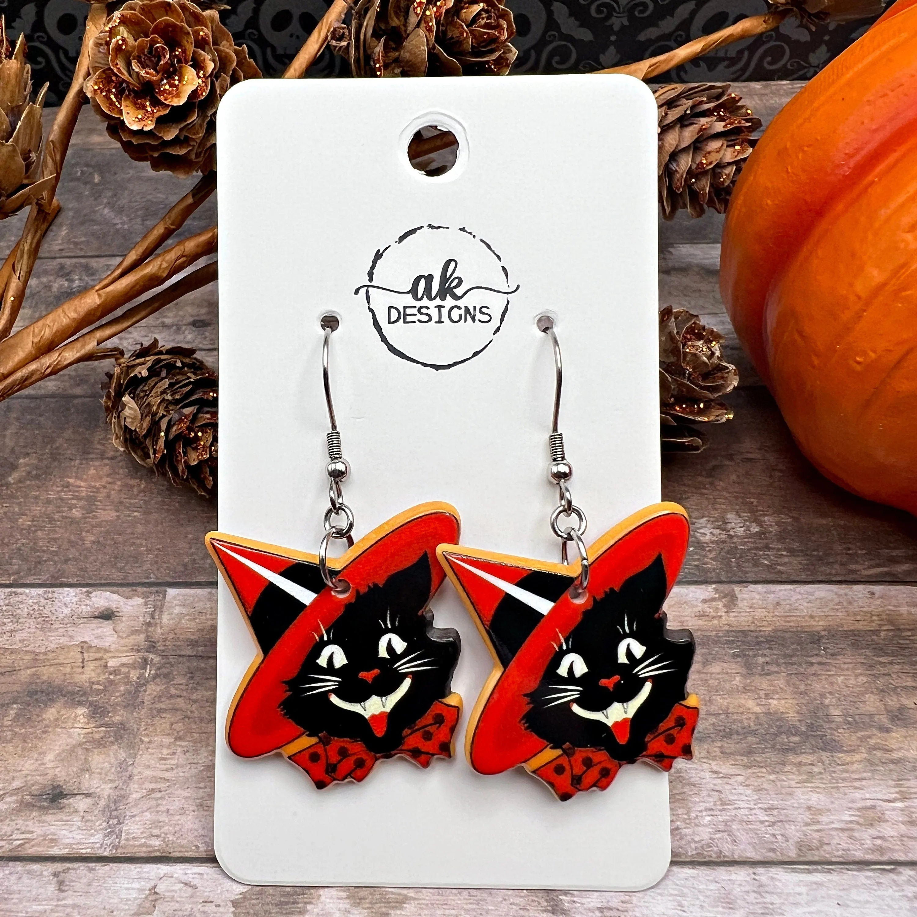 Vintage Retro Inspired Halloween Earrings, Witch Black Cat, Silver/Silver-tone  Earrings, Hypoallergenic Gift