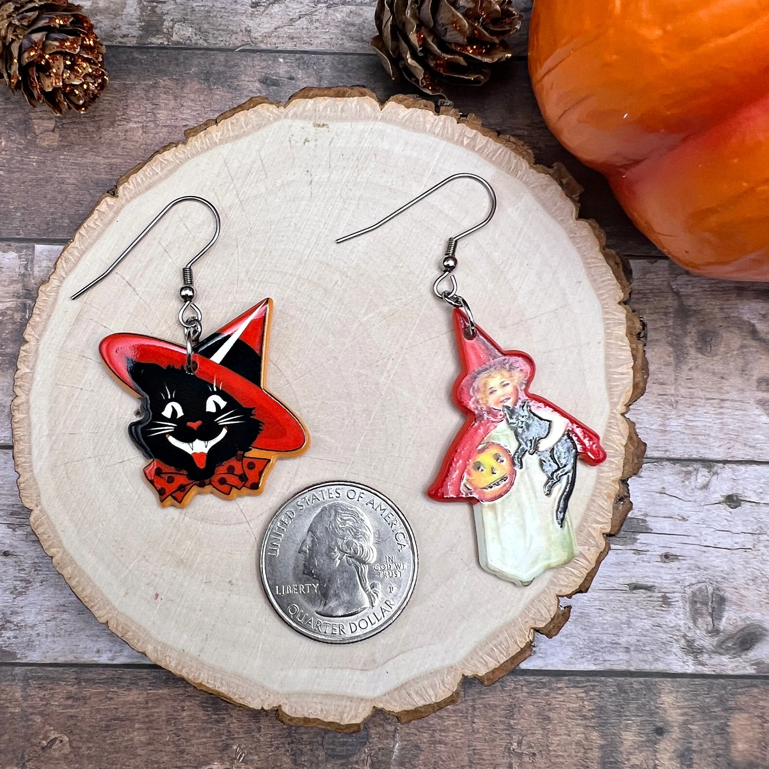 Vintage Retro Inspired Halloween Earrings, Witch Black Cat, Silver/Silver-tone  Earrings, Hypoallergenic Gift