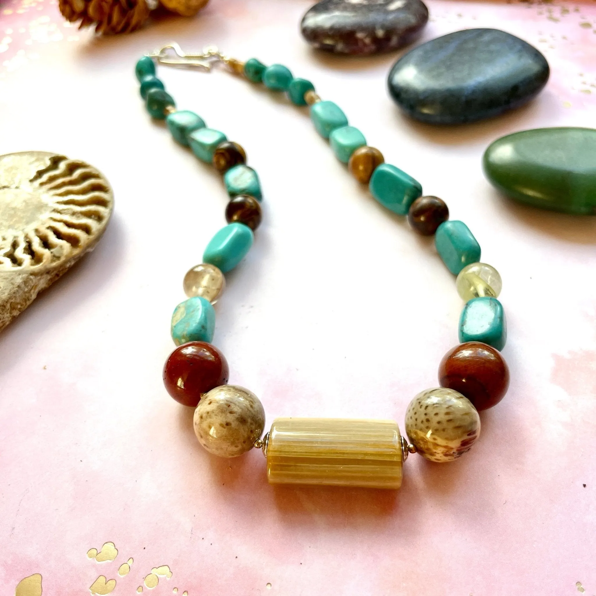 Wilderness Necklace - Petrified Wood, Turquoise