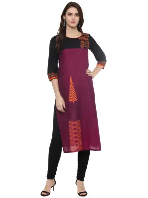 Women Magenta And Black Ajrakh Hand Block Neon Printed Cotton Straight Kurta